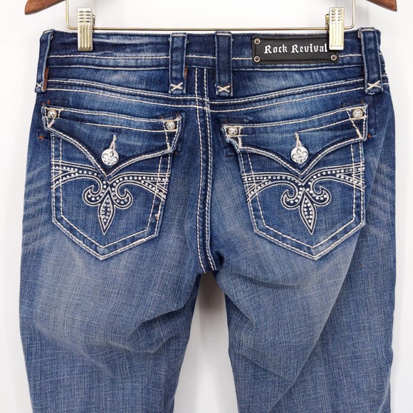 Rock Revival Sora Capri Jeans Bling Rhinestone Pocket 8" Rise Medium Wash Sz 29 - Picture 5 of 9